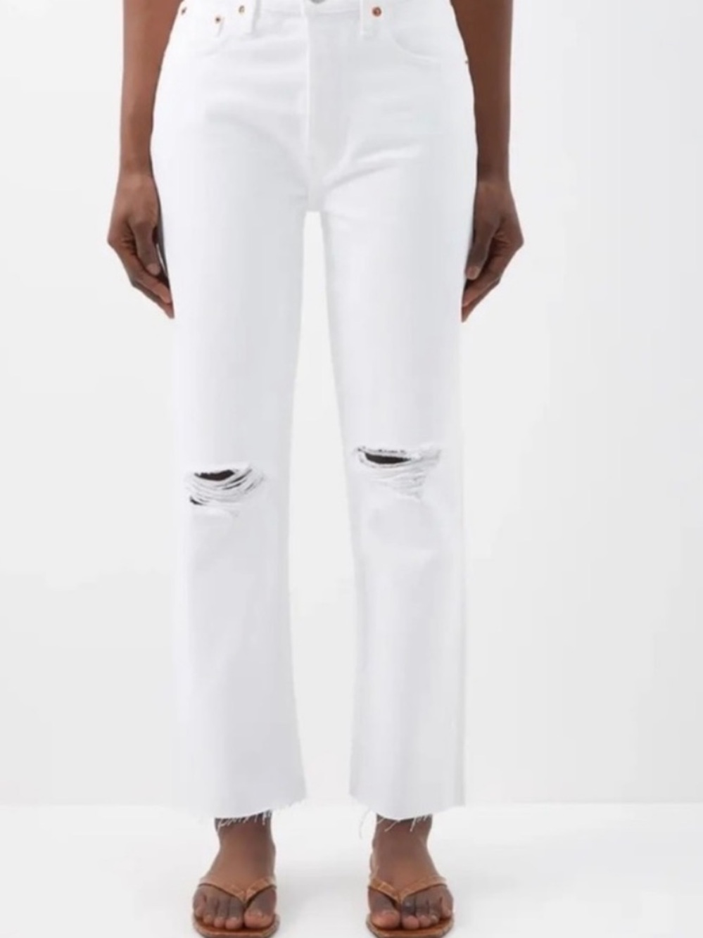 RE/DONE 70s Stove Pipe High Rise White Distressed Straight Leg Raw Hem Jeans 26